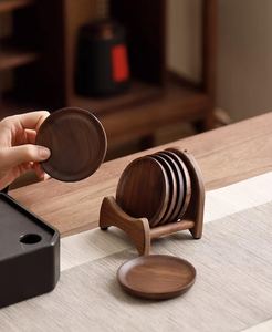 Solid Walnut Wood Coasters Natural Wooden Tea Mats Square Cup Pads with Holder Minimalist <b>Table</b> <b>Protection</b> Wood Anniversary Gift - Product Image 4