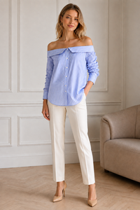 <b>Women</b>’s Blue & White Off Shoulder Striped Button Down <b>Shirt</b>, <b>Long</b> Sleeve Ruched Sleeve Casual Elegant <b>Shirt</b> - Product Image 5