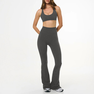 High Waisted <b>Flared</b> Yoga <b>Leggings</b> 2-Piece Workout Set Breathable Stretch Spandex Solid Logo Waist Sports Bra Full-Length Pants - Product Image 2
