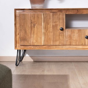Meuble TV grand format Vandana Silver Texture 195 cm en bois d'acacia avec façades embossées et pieds en métal Wendy - Product Image 5