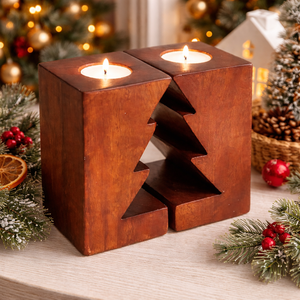 Christmas <b>Tree</b> Cut Square Wooden Double Tea Light Candle Holder-Handmade Home <b>Decoration</b> for Christmas <b>Easter</b> Parties Winter - Product Image 2