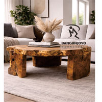 Table basse convertible en bois massif, racine de teck rustique, plateau blanc, table centrale unique, salon, salle à manger, usage domestique, ensemble de meubles