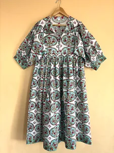 Boho Chic <b>White</b> Hand Block Floral Print Loose Cotton Midi Dress With Tie-Neck Short Sleeve Boho Casual Dress For Women - Product Image 1