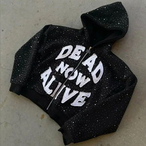 Sweat à capuche vintage oversize en coton délavé personnalisé avec logo brodé et strass, coupe droite, taille standard - Product Image 3
