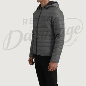 Custom Men Grey Winter <b>Jacket</b> Lightweight Hooded Padded Outerwear Slim Fit Casual Warm Zip Up Puffer <b>Jacket</b> For Men - Product Image 5