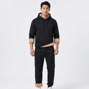 Conjunto Deportivo de Sudadera con Capucha y Pantalones de Chándal para Hombre, Forro Polar Negro, Ropa Casual de Invierno, Manga Larga, Color Sólido, Pantalones con Cordón - Product Image 6