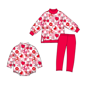 Tenues assorties pour frères et sœurs pour la Saint-Valentin, OEM/ODM, ensemble haut et leggings à carreaux roses avec imprimé cœur pour tout-petits et combinaison pour bébé fille - Product Image 2