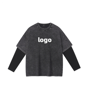 เสื้อยืดโอเวอร์ไซส์ผู้ชาย ผ้าฝ้ายฟอก คอโอ แขนยาว สีพื้น สไตล์ลำลองแนวสตรีท ผ้าเจอร์ซีย์สองชั้น - Product Image 2