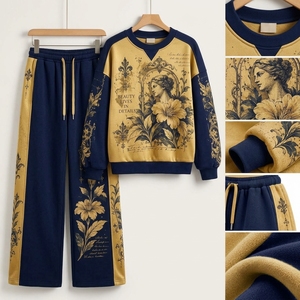 Conjunto Deportivo de Sudadera y Pantalones Anchos con Estampado Floral Dorado y Azul Marino para Mujer, Ropa Casual Elegante de Dos Piezas - Product Image 3
