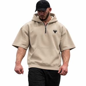 Men's Beige Oversized Quarter <b>Zip</b> Hoodie Short Sleeve Fleece Casual Embroidered Logo Front Autumn Wear - Product Image 1