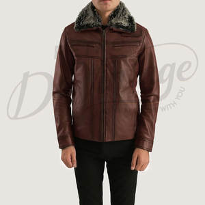 Chaqueta de Cuero Marrón para Hombre con Cuello de Piel Sintética Gris, Abrigo Acolchado Cálido para Invierno, Estilo Casual de Negocios, Corte Ajustado - Product Image 1