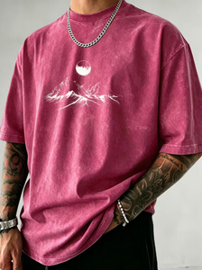 T-shirt vintage rose à manches courtes en maille pour homme, coupe oversize, col rond, couleur unie, style décontracté, effet délavé - Product Image 6