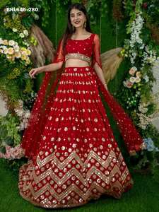 Lehenga-Choli Rojo de Alta Calidad con Diseño de Estrella Georgette y Lentejuelas, Bordado con Zari, Estilo Sitara, Proveedor Indio - Product Image 4