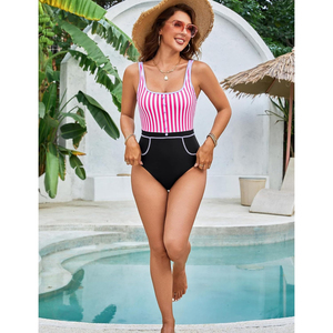 Traje de baño de una pieza para mujer, control de abdomen, cuello cuadrado a rayas, ribete en contraste, cintura alta con bolsillos - Product Image 3