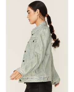 Veste en cuir de mouton pour femme, gris clair, aspect denim vintage, boutonnée, en cuir véritable, fabrication OEM USA - Product Image 2
