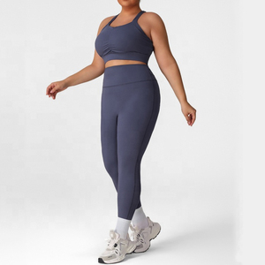 Women's Brown 2-Piece Yoga Set Crisscross Straps Ruched Crop <b>Top</b> High Waist Leggings Plus Size Seamless Breathable Spandex - Product Image 2