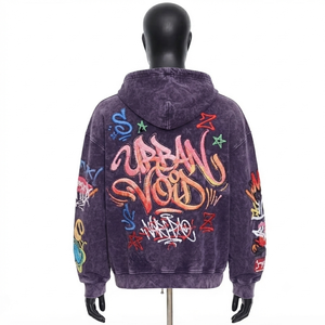 Sweat-shirt à capuche pour homme, style vintage graffiti, doublé, écologique, effet délavé, coupe oversize, streetwear, en coton épais, brodé - Product Image 3
