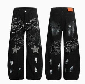 Vaqueros Anchos Vintage Personalizados con Bordados y Pedrería, Unisex, Estilo Urbano, Hip Hop, Corte Holgado, Oversize, Acampanados - Product Image 1