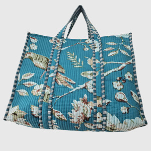 Bolso de mano de lona acolchado con estampado de pájaros florales azules, estilo bohemio, con parte superior abierta, bolso de compras para mujer, para todas las estaciones - Product Image 3