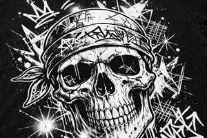 T-shirt en jersey noir à manches courtes et col rond pour homme, style streetwear, imprimé graphique tête de mort et bandana, 180 grammes, respirant - Product Image 2
