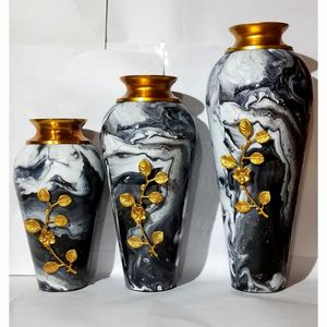 Elegant Luxury Matte Iron or Aluminum Flower <b>Vase</b> <b>Set</b> Gold Rim Embossed Floral Design Cylinder Shape Modern Tabletop <b>Vase</b>. - Product Image 3