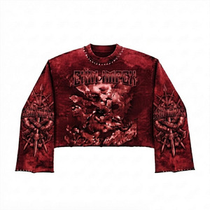 Camiseta Personalizada Unisex Vintage Lavada de Manga Larga Corta con Estampado Gráfico Oversize y Tachuelas Estilo Urbano Marca Privada 100% Algodón - Product Image 1