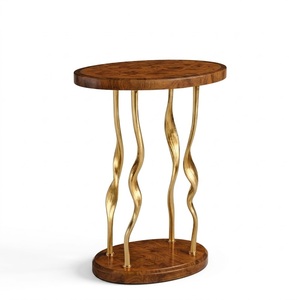 Eclectic <b>Round</b> Wooden <b>Side</b> <b>Table</b> with Carved Patterns on TOP And Bottom with Metal Brass Accents For Living Room Furniture - Product Image 6