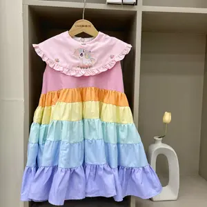 Máquina de bordado unicornio listo para enviar disfraz verano Casual niños vestidos niña fiesta lentejuelas falda Princesa-Color del arco iris