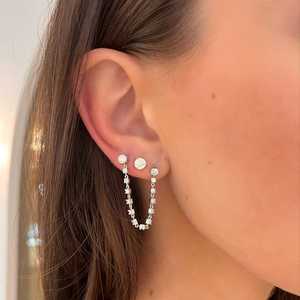 Boucles d'oreilles chaîne à double perçage en or massif 14 carats avec diamant de laboratoire taille ronde, deux trous connectés, pendantes simples, vente en gros d'usine - Product Image 2