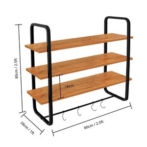 Modern Wooden Wall Shelf with Metal <b>Frame</b> 3-Tier <b>Floating</b> Bookshelf for Home Living Room Bedroom Display with Key Hooks - Product Image 4