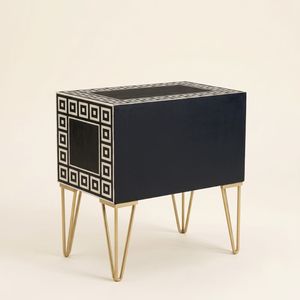 Table de chevet artisanale en os noir incrusté, 2 tiroirs, design carrés concentriques, mobilier haut de gamme - Product Image 2