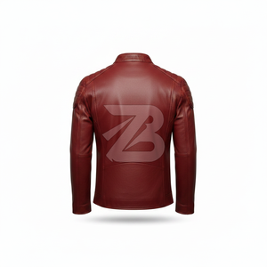 Zarina Wear Men Genuine Leather <b>Jacket</b> <b>Red</b> Biker Motorcycle <b>Jacket</b> Stand Collar Zip Up Matte Black Hardware OEM - Product Image 4