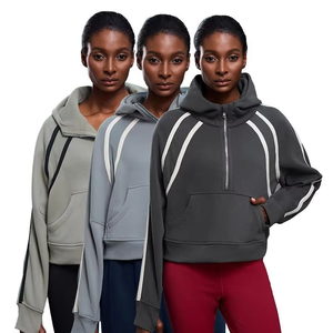 Sudadera con capucha de media cremallera para mujer, cuello alto, forro polar, nuevo diseño, bloques de color, jersey oversize, top deportivo informal - Product Image 1