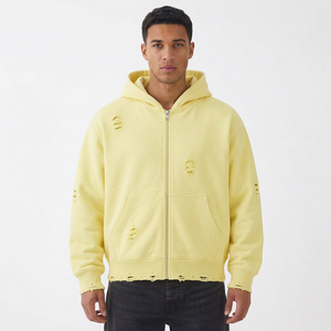 Sweat-shirt à capuche zippé pour homme, effet vieilli, en molleton de coton épais, coupe classique, style streetwear, fournisseur de vêtements en gros - Product Image 2