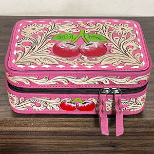 Étui à bijoux en cuir véritable rose gaufré style vintage à motif floral cerise, organisateur de voyage pour bagues et colliers – Meilleures ventes - Product Image 4