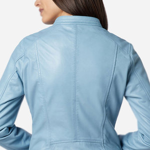 Chaqueta de Moto de Cuero PU Azul Claro para Mujer, Cuello Redondo, Cierre de Cremallera, Manga Larga, Corte Regular, Estilo Otoñal - Product Image 4