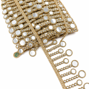 Eco-Friendly Vintage Designer <b>Mirror</b> Work Embroidery Lace Trim with Geometric Pattern for Ethnic Wear Bags Shoes Craft Projects - Product Image 1