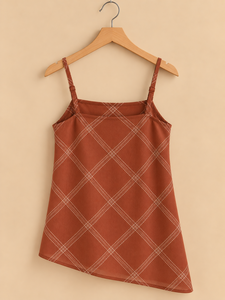 Asymmetric Plaid <b>Spaghetti</b> <b>Strap</b> <b>Top</b> Women Casual Woven Sleeveless Relaxed Fit All Seasons Brown Patterned Cami <b>Tank</b> <b>Top</b> - Product Image 3