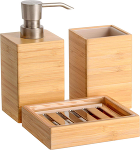 Juego de Accesorios de Baño de Bambú de 3 Piezas, Dispensador de Jabón de Madera para Decoración del Hogar, Juegos de Baño de Calidad - Product Image 1