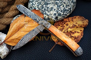 Handmade Stainless Double Blade Damascus Drop Point Folding Pocket <b>Knife</b> <b>Bone</b> <b>Handle</b> DIY OEM EDC Hunting Camping Outdoor <b>Knife</b> - Product Image 2