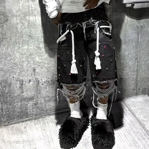OEM Black Distressed Denim Shorts Rope Detail Rhinestone Streetwear Shorts rhinestone oversized 2026 - Product Image 5