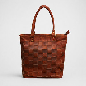 Handmade <b>Brown</b> Tote Bag Vintage Basket Weave Shoulder with Top Handle Zipper and Brass Rivets - Product Image 3