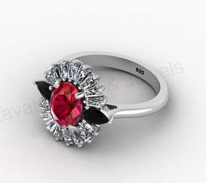 Magnifique bague de mariage en argent 925 plaqué or avec rubis, quartz noir onyx, taille ovale 7x9mm, halo de baguettes CZ, bijoux fins pour femme - Product Image 3