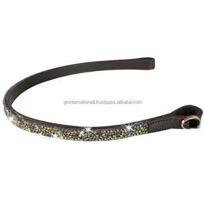 Banda para la frente de brida de caballo acolchada suave de cuero de alta calidad ecuestre con diamantes de imitación de cristales brillantes dorados y plateados personalizados - Product Image 3