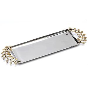 Plateau de service décoratif en métal pour la maison, ustensile de cuisine, plateau à salade et petit-déjeuner avec poignée en feuilles d'or, finition dorée, fait main - Product Image 1