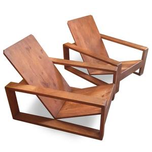 Solid Teak Wood Indoor Lounge <b>Chair</b> Blocky Crate Style <b>Reclined</b> Accent Sofa - Product Image 1