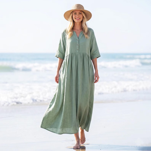 Vestido Midi de Algodón 100% Hecho a Mano con Mangas 3/4, Cintura Alta, Botones Delanteros, Bolsillos, Estilo Vintage, Casual de Verano, Corte en A - Product Image 1
