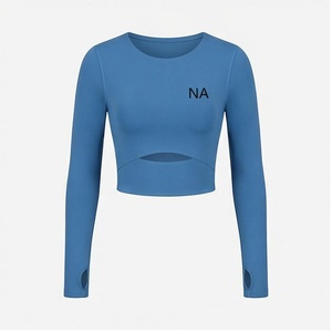 <b>Blue</b> Long Sleeve <b>Crop</b> <b>Top</b> Scoop Neck Cut-Out Design Solid Color Breathable Yoga Wear Women's Activewear - Product Image 1