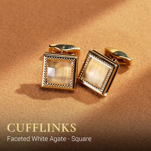 Boutons de manchette pour homme plaqués or 18 carats avec agate blanche facettée - Pierre précieuse naturelle Feng Shui « Crystal Light » pour le succès |   MSDATRG007 - Product Image 6