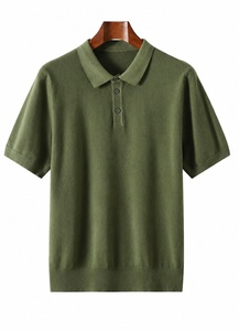 เสื้อกอล์ฟแขนสั้นผู้ชายสีน้ำเงินขาวลายจุด ผ้าถัก แต่งขอบสีเขียว 100% ผ้าฝ้าย ระบายอากาศได้ดี - Product Image 4